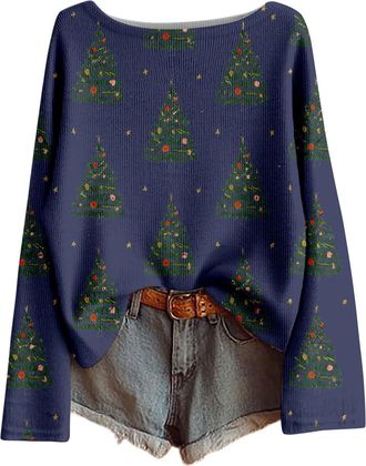 Generic Womens Christmas Jumppers Xmas Tree Print Ladies Tops Funny Christmas Jumppers for Women UK Boho Sweatshirt Xmas Pullover Merry christmas Ladies Tops 