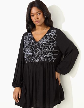 Live Unlimited London Womens Black Embroidered Viscose Crinkle Tunic - Size: 18