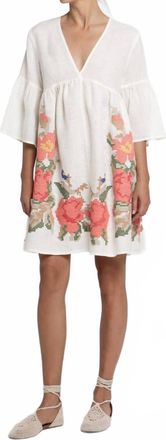 Greek Archaic Kori Rose Embroidered Linen Mini Dress In Light Grey