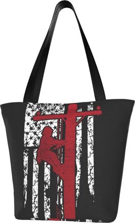 AOOEDM Tote Bag Lineman Usa Flag Shopping Bags Small Reusable Market Bag Beach Tote Bags Travel Totes