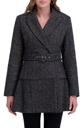 Kensie Herringbone Belted Flared Coat in Black/White at Nordstrom Rack, Size Large