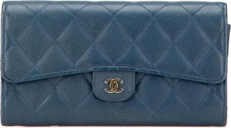 Chanel 2016-2017 CC Quilted Caviar Classic Flap Wallet long wallets - Blue