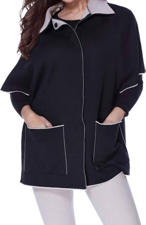 Angel Zip Up & Buttons Poncho W/ Pockets In Black/stone