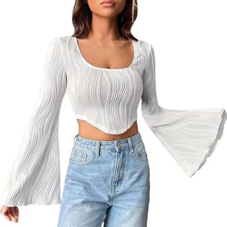 Generic V Neck Top Cotton Long Sleeve Slim Fit Womens Flared Sleeve Tops Long Sleeve Shirts Crew Neck Crop Tops Teenager Streetwear Short Sleeve T Shirt Women