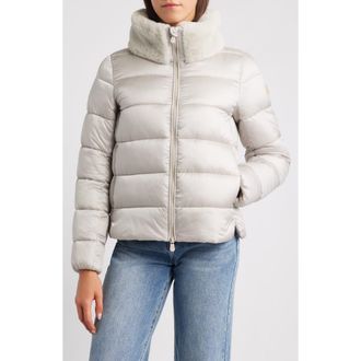 Save The Duck Mei Faux Fur Collar Waterproof Quilted Jacket in Rainy Beige at Nordstrom, Size 7