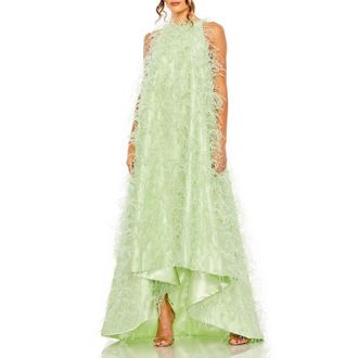 Mac Duggal Satin Feather High-Low Evening Dress with Trapeze Silhouette in Mint at Nordstrom, Size 10