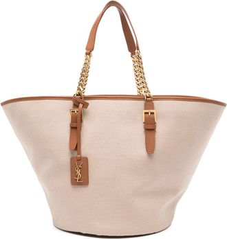 Saint Laurent Cassandre-tag canvas tote bag - women - Fabric/Calf Leather - One Size - Neutrals