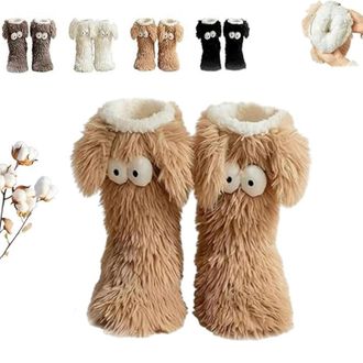 Generic Muffle Friends Cozy Socks, Womens Winter Warm Fuzzy Non-Slip Slipper Socks with Cute Big Eyes - Soft Thick Fleece Floor Socks for Cold Weather (Coffee