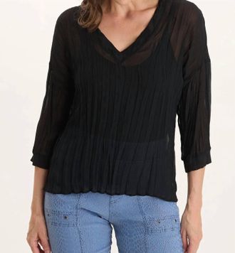 Xcvi V-Neck Micro-Pleat 3/4-Sleeve Crinkle Top In Black
