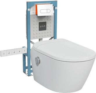 Vitra Conjunto De Inodoro Suspendido Sin Borde Con Sistema De Bid&eacute; Integrado, Asiento Y Conexiones El&eacute;ctricas, Vitra V-care Ultra Blanco + Marco Autoportant