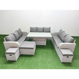 Fimous Pe Rattan Lounge Sofa Set 12 Seater Outdoor Garden Furniture Set with Adjustable Lifting Dining or Coffee Table 3 Seater Sofa 3 Stools 2 Side Table