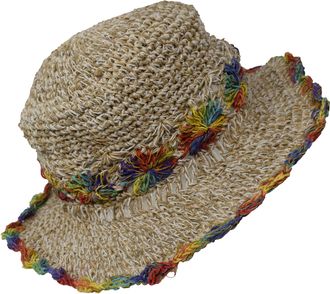 Gheri Hemp Cotton Straw Sun Hat Panama Wide Brim Summer Holiday Colorful Rainbow M