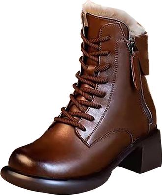 Generic Platform Heels Shoes Outdoor Ski Boots Thickening Fur Lined Leather Boots Women (Brown, 5.5)