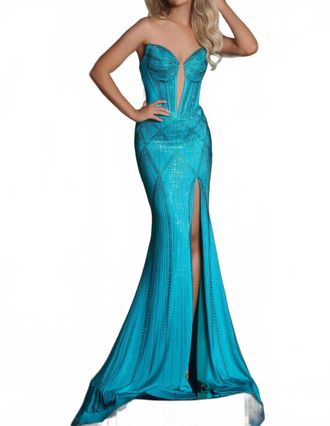 Portia & Scarlett Illusion Plunge Fitted Gown In Turquoise