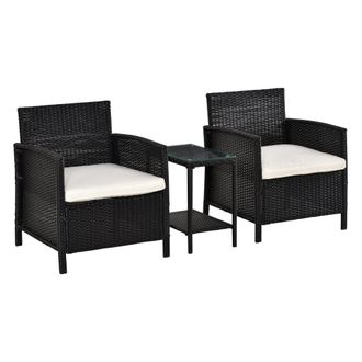 OUTSUNNY 3 PC Outdoor Rattan Sofa Set w/ Chairs Coffee Table Cushion Black | TJ Hughes