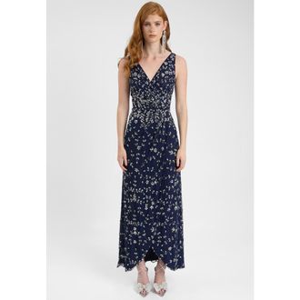 Beauut Embellished Sequin Beaded Maxi Dress With Wrap Bottom in Mid Night Blue at Nordstrom, Size 14