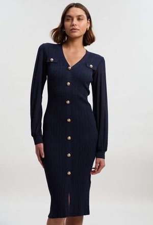 Karen Millen V-Neck Sleeveless Rib Knit Midi Dress in Navy at Nordstrom, Size Medium