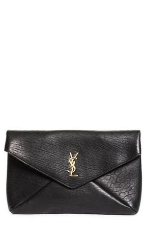 Saint Laurent Large Cassandre Leather Envelope Clutch in 1000 Nero at Nordstrom