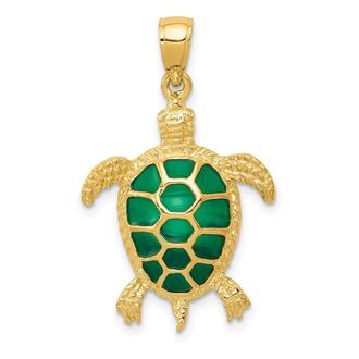 Diamond2Deal 14k Yellow Gold Green Enameled Sea Turtle Pendant