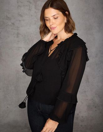 Live Unlimited London Womens Black Ruffle Tie Neck Blouse - Size: 12