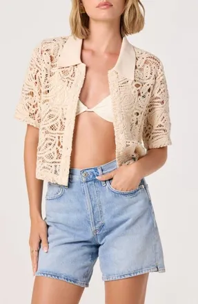 ASTR the Label Loren Lace Short Sleeve Shirt in Natural at Nordstrom, Size X-Small