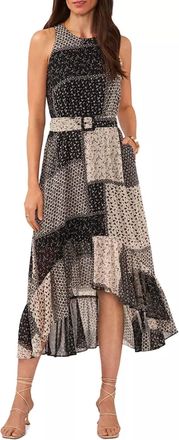1.State Womens Sleeveless Printed Belted High-Low Dress Black
