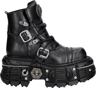 New Rock Tank Plateau Enkellaarzen - Dames - Veterlaarzen - Zwart - 38 EU - Leer - Schoenen