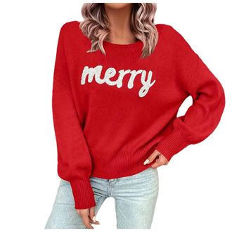 Generic Ladies Christmas Jumpers Merry Christmas Xmas Jumpers for Women UK Letter Print Crew Neck Red Sweater Casual Long Sleeve Pullover Tops Ladies Xmas Top