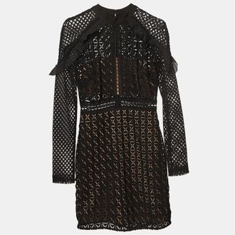 Self Portrait Black Geometric Pattern Lace Ruffled Mini Dress
