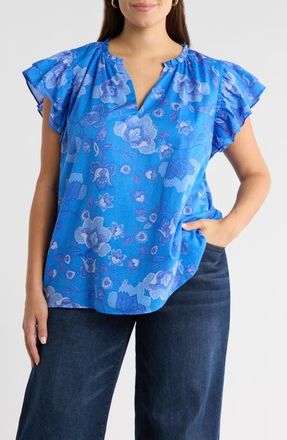Sugarlips Selma Floral Ruffle Cotton Top in Cobaltblue at Nordstrom, Size 2X