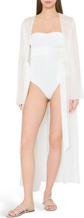 Milly Vince Metallic Pinstripe Long Sleeve Sheer Cover-Up in White/Silver at Nordstrom, Size Medium