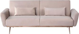 Beliani Sofa Bed Taupe Velvet Upholstery Metal Legs 3 Seater with Additional Cushions Retro Convertible Sleeping Function EINA
