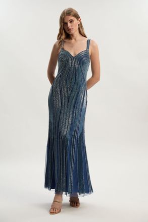 Karen Millen Womens Beaded Contour Sweet Heart Neckline Woven Maxi Dress - Blue - Size 12 UK