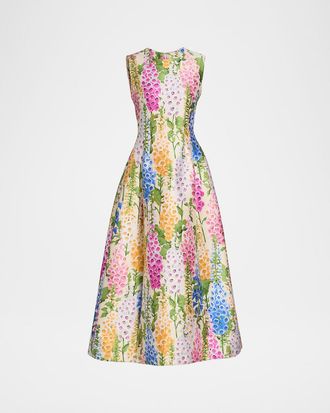 Oscar De La Renta Sleeveless Multi Floral Jacquard Tea-Length Dress