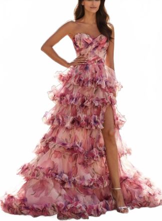 La Femme Strapless Ruffle Tulle Ballgown In Pink Multi
