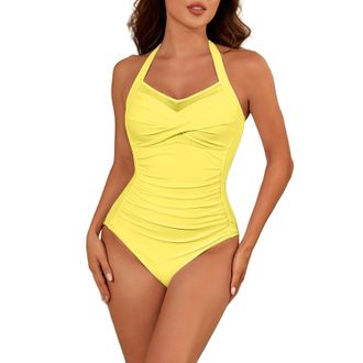 Generic Swimming Costume Women Tummy Control Swimsuit One Piece Swimwear Ruched Solid Color Swim Suit High Cut Padded Bathing Suit Slimming for Beach Holiday 