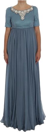 Dolce & Gabbana Blauwe Zijden Kristallen Sheath Jurk - Dames - Avondkleed - Blauw - S - Kleedjes