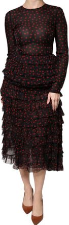 Dolce & Gabbana Black Red Polka Dot Silk Layered Midi Womens Dress
