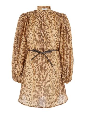 Zimmermann Cascadian Beige Tunic Dress With Stand-Up Collar And All-Over Leopard Print In Linen Woman