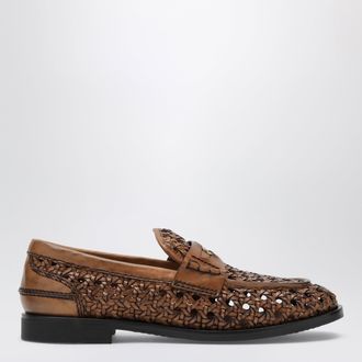 Miu Miu Mocassini Penny color cognac in pelle intrecciata