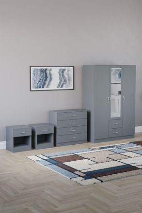 Home Discount Vida Designs 4Pc Bedroom Set 2xBedside, 4Drawer Chest, Mirror Wardrobe in Grey