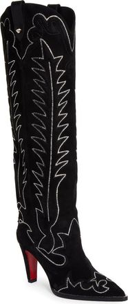 Christian Louboutin Santia Crystal Beaded Knee High Western Boot in Black/Bk Luc at Nordstrom, Size 7.5Us