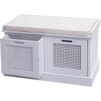 Hhg [nunca Usado] Banco Hhg-809, Banco Tapizado Para Vestidor, Cojines, Cajas De Almacenamiento, Compartimento De Almacenamiento 47 X 75 X 40 Cm, Blanco, 