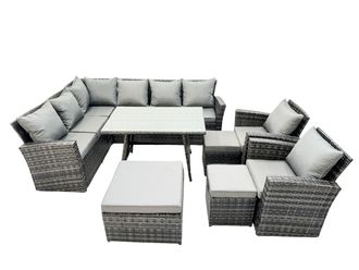 Fimous 11 Seat Rattan High Back Corner Sofa Set Patio Dining Table Set in Dark Grey