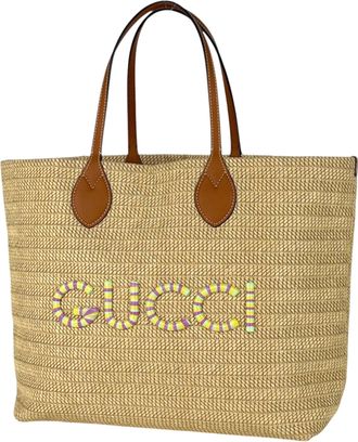 Gucci Beige Brown Straw Tote Bag (Pre-Owned)