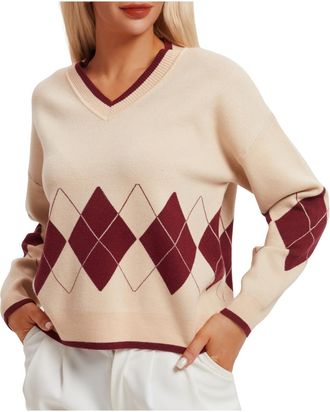 Generic Ladies Jumpers V Neck Knitted Sweaters - Diamond Pattern,Long Sleeve,Fall,Casual,Acrylic,Loose,Spring,Autumn,Winter,Elegant Comfy Pullover Tops Beige