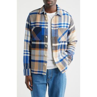 Wax London Whiting Plaid Overshirt in Blue /Tan at Nordstrom, Size Xx-Large