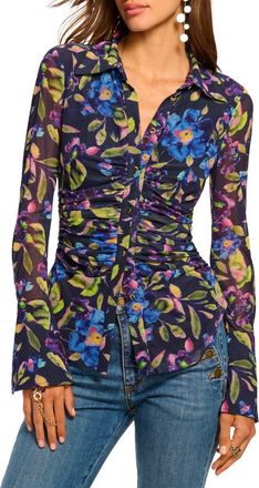 Ramy Brook Talisa Floral Button-Up Shirt in Navy Floral Mesh at Nordstrom, Size X-Large