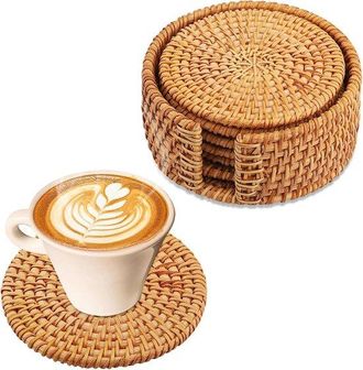 OEM Juego De Posavasos De Rat&aacute;n Con Soporte, Juego De 6 Posavasos De Vidrio, Posavasos De Mesa, Tazas, Bar, Juego De Posavasos De Madera Y Vidrio