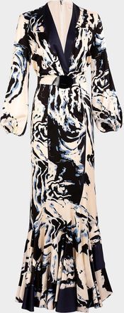 Silvia Tcherassi Remy Plunging Long-Sleeve Belted Satin Maxi Dress